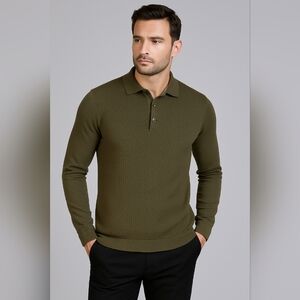 Guide London Premium Range Men's S Olive Green Textured Long Sleeve Polo Sweater